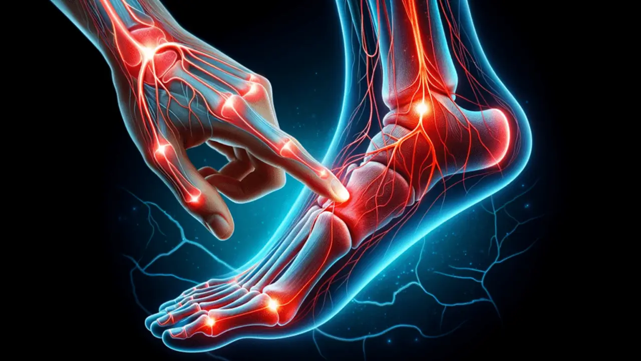 Person sitting on bed at night holding foot in pain